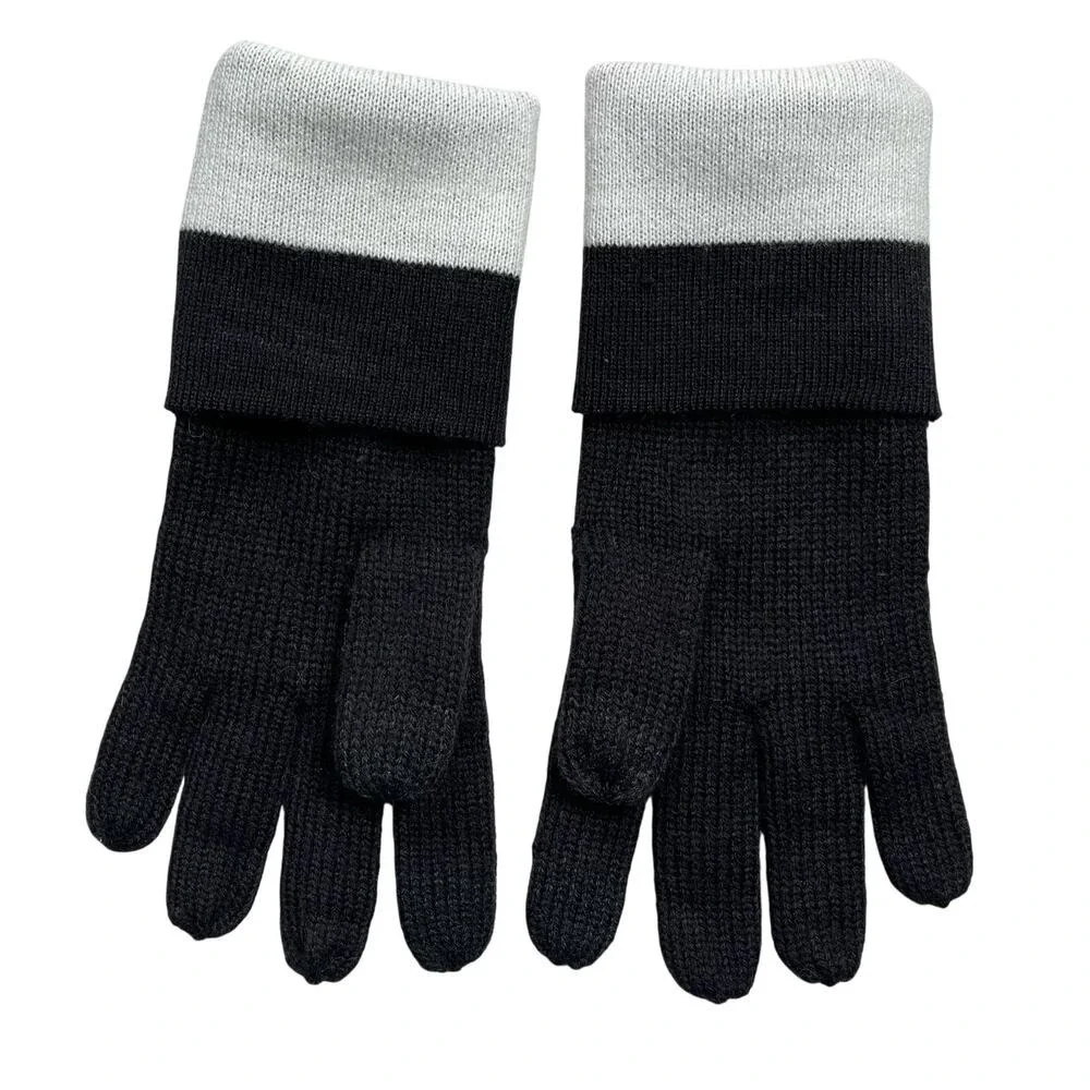 Kate Spade New York Beanie Hat +‎ Gloves Black White Oversized Spade Wool Blend